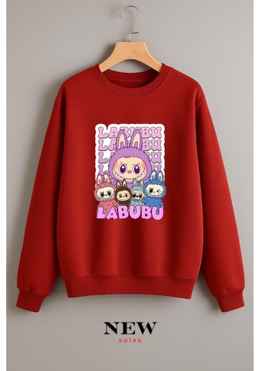 Labubu Baskılı Bisiklet Yaka Sweatshirt Kırmızı