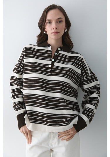 Koyu Kahve - Krem İki Renkli Çizgili Kazak - 251140 Kahverengi