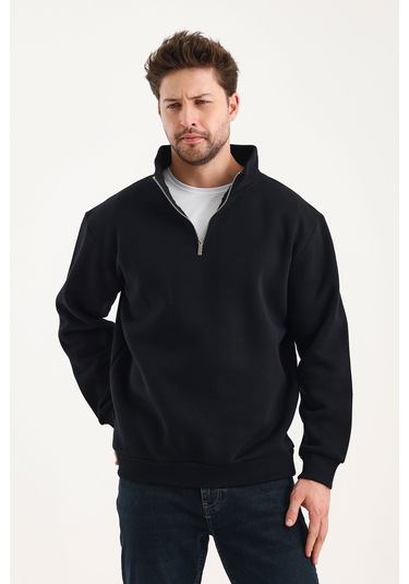 Unisex Sweatshirt Rahat Kesim Pamuklu Içi Polarlı Yarım Fermuarlı Dik Yaka Sweatshirt Siyah