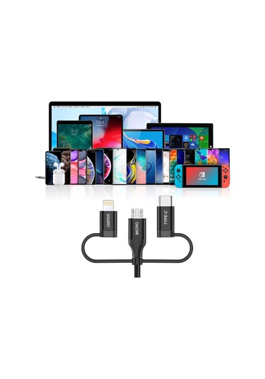 Choetech 3in1 Lightning + Usb-c + Micro Usb Hızlı Şarj Ve Data Kablosu - Mfı Lisanslı - Ip0030 - Siyah