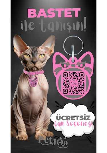 Petjoo 1.Bastet Gri-Pembe Qr'lı Kedi Künyesi