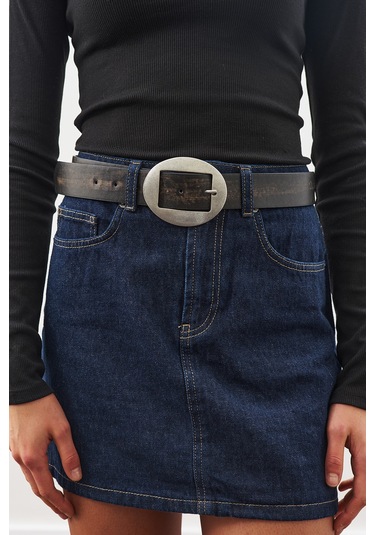 Büyük Oval Tokalı Kemer Siyah Siyah