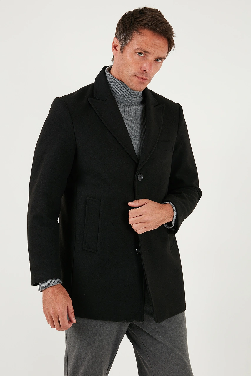 Buratti Slim Fit Apaş Yaka Astarlı Kaşe Erkek Kaban 584K1217 Siyah