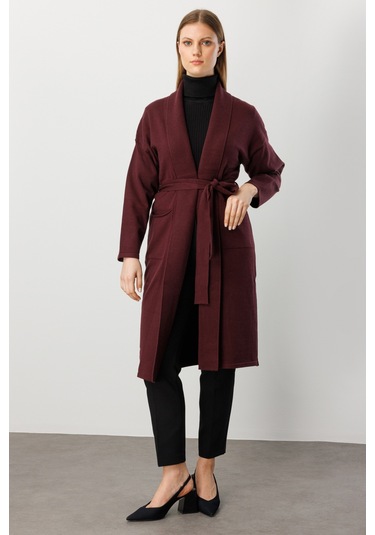 On Kadın Büyük Beden Beli Kuşaklı Şal Yaka Hırka 60900 Bordo Bordo