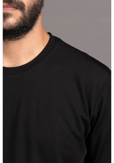 Regular Fit Bisiklet Yaka Rayon Kumaş Full Likralı Uzun Kol Sweatshirt Siyah