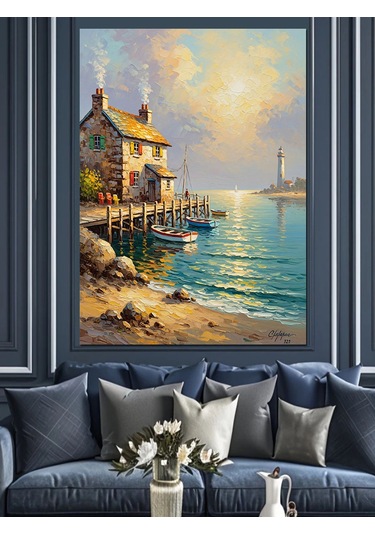 Ahşap Tablo Limanda Küçük Balıkçı Evi Yiyecek Ve İçecek Tabloları
