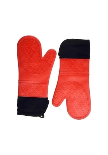 Kırmızı Silikon Yanmaz Mutfak Eldiveni - Isı Yalıtımlı 35 Cm 3 Lü Eldiven