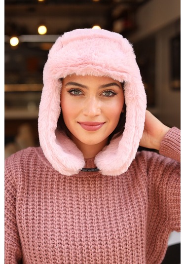 Çıtçıtlı Kürklü Kulaklıklı Peluş Bere Şapka Rkş-03 Pudra Pudra