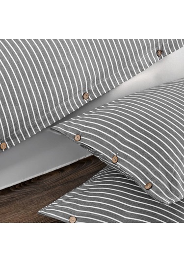 Çift Kişilik %100 Pamuk Ranforce Düğmeli Nevresim Takımı Lastikli Çarşaflı 200x220 Cm Gri Gri