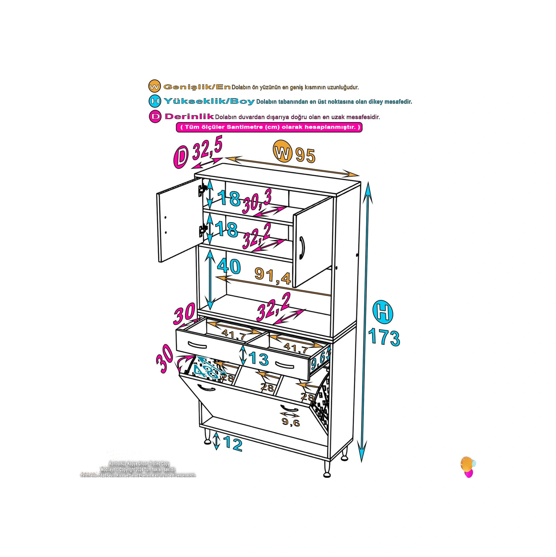 Azra Tek Çekmece 3 Göz Sepetli Ve 3 Raf Banyo Ve Mutfak Dolabı Çok Amaçlı Dolap 95x173x32,5 Cm Beyaz
