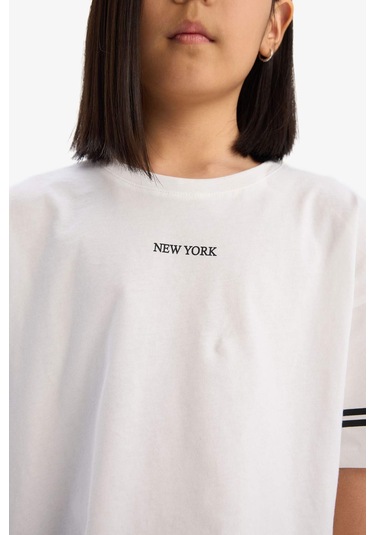 DeFacto Kız Çocuk 2'li Takım Kısa Kollu Baskılı Tişört Tayt E3815A825SMER105 Ekru