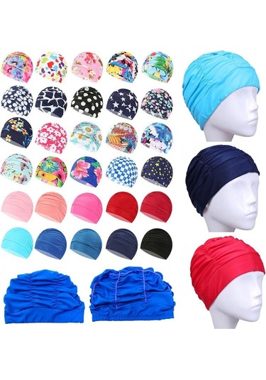 Baskılı Spor Aksesuarları Elastik Naylon Türban Uzun Saç Koruma Havuz Banyo Şapkaları Yüzme Kap 12 Çok Renkli
