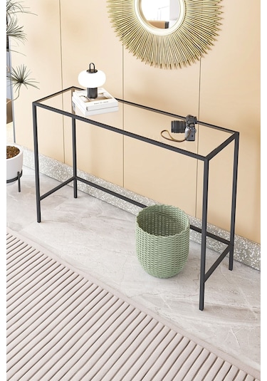 Canvas Metal Dresuar Dekoratif Kahve Köşesi Konsol Siyah Şeffaf Camlı Siyah