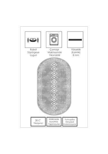 West Home Dijital Baskı Yıkanabilir Kaymaz Taban Oval Mutfak Halısı Salon Halısı Ve Yolluk Wh 375 Grey Oval