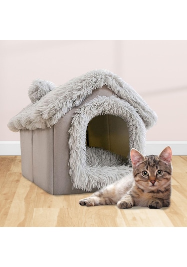 Homyl Yumuşak Köpek Kulübesi Evi Şekil Sıcak Mağara Gri-l