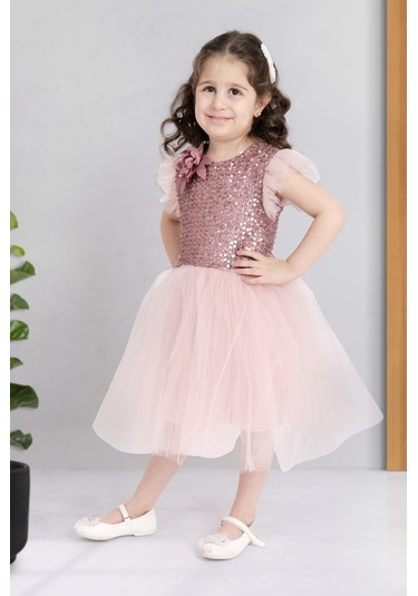 Küpeli Pul Payet Tüllü Kız Çocuk Elbise Mnk0526 001