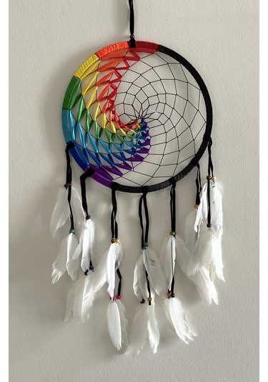 7 Çakra Renkli Siyah Süet Kasnaklı Büyük Rüya Kapanı -27cm Çap