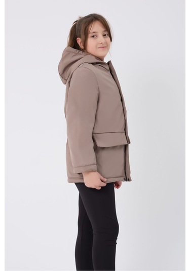 Kız Çocuk Vizon Içi Kürklü Su Ve Rüzgar Geçirmez Kapüşonlu 3 Cep Kışlık Mont & Kaban & Parka Vizon