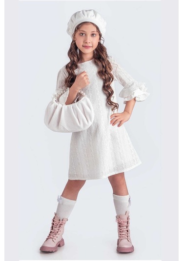 Beyaz Valon Kesim Şapkalı-çantalı Elbise Beyaz