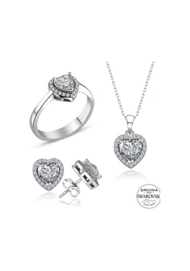 Sertifikalı Swarovski Taşlı Kalp Tektaş 925 Gümüş Set Takım