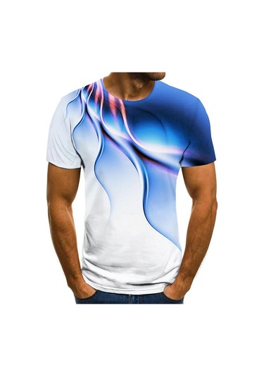 Mavi Yeni Yaz Erkek Moda Tişört Kişilik Renk Yıldırım Baskılı Erkek Tişört Üst Mavi