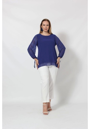 3243 Kolu Taş Baskılı Şık Bluz Saks Saks