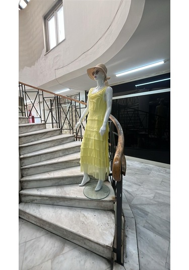 Italyan 2 Beden İnce Gösteren Kat Kat Sıfır Kol İpek Elbise-8769 Açık Sarı