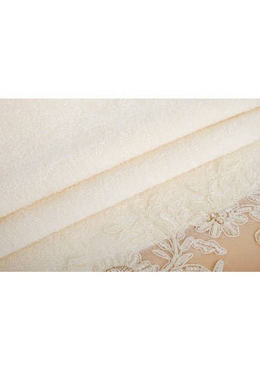 Finezza Roza Pamuk Taş işlemeli Dantel keseli Kreme Bej Havlu 50x90 cm  - 1379 KREM - BEJ