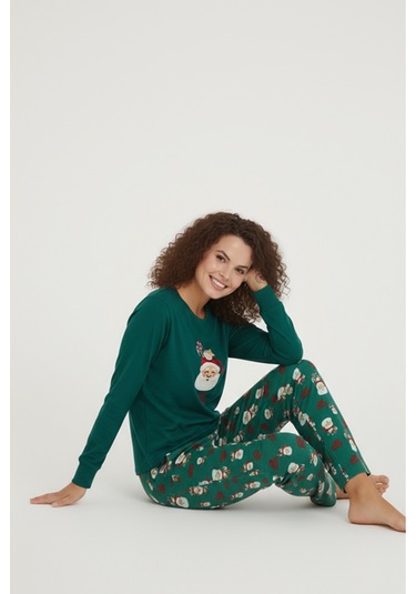 Luxury Thermal Noel Baba Desenli Kadın Polar Kışlık Pijama Takımı 42060 Yeşil