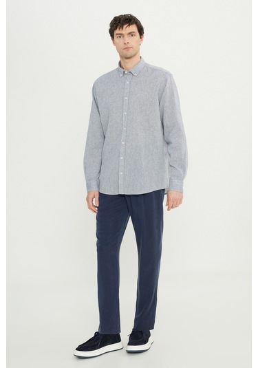 AC&Co / Altınyıldız Classics Erkek Grı Comfort Fit Rahat Kesim Düğmeli Yaka Keten Gömlek Gri