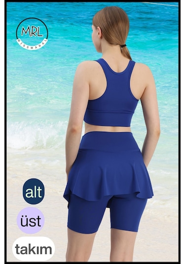 Kadın Takım Alt - Üst Biker Şort Diz Üstü &crop Bra Ped Destekli Denizde Havuzda Sporda Mavi Mavi