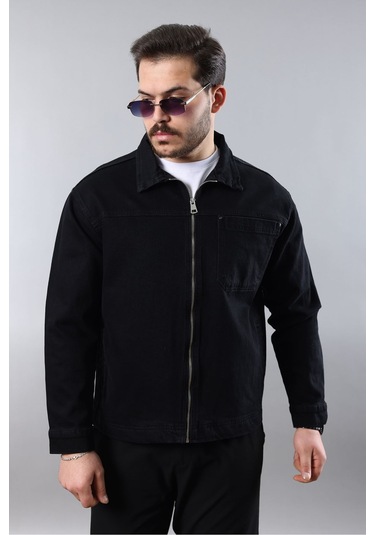 Erkek Regular Fit Siyah Spor Model Fermuarlı Kot Ceket Siyah