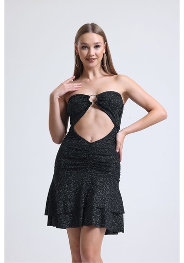 Siyah Önden Halkalı Bel Kısmı Açık Cift Kat Kloş Etekli Elbise Siyah