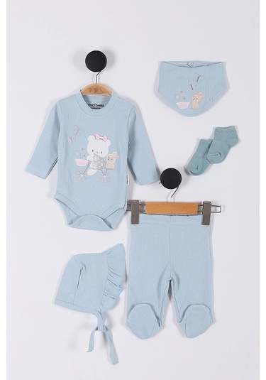 Tavşan Desenli Müslin Kız Bebek Hastane Çıkışı Bebek Kıyafetleri Yenidoğan Hastane Çıkış Seti 5 Li Pudra