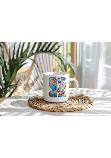 X Baş Harf Gezegen Desenli Kupa Bardak - Kişiye Özel Evren Temalı Kahve Çay Kupası - Gökyüzü Beyaz