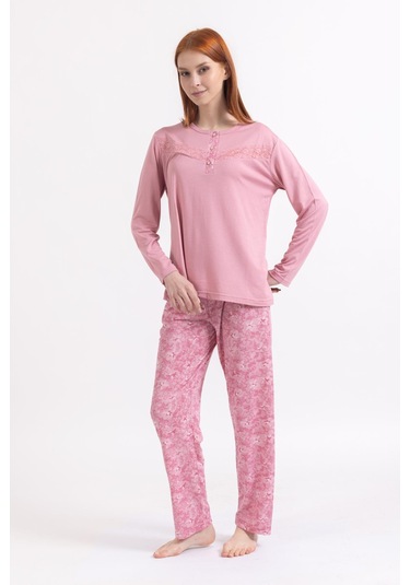 Kadın Dört Mevsim Dantel Desenli Melisa Kumaş Yüksek Kalite Yuvarlak Yaka Pijama Takımı 1361 - Pudra
