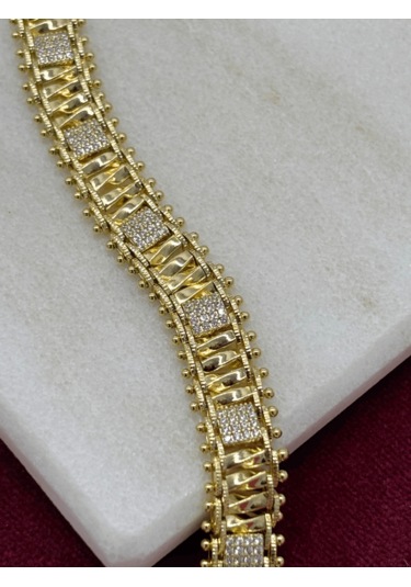 Silver Kare Taşlı Gold Örme Model Bileklik Gold