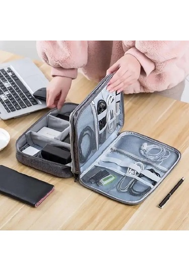 Fochsia Çift Katmanlı Şarj Kablosu Çantası Seyahat Usb Saklama Çantası Usb Sürücü Harddisk