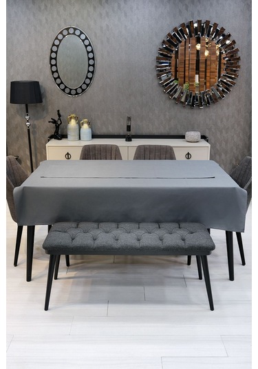 Dream 8 Parça Masa Örtüsü Seti Çeyiz Seti Salon Masa Örtüsü, Runner, 6'lı Peçete Antrasit Gri