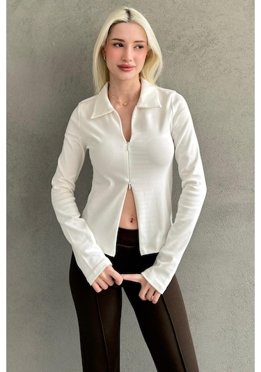 Beyaz Polo Yaka Çift Fermuarlı Slim Fit Kadın Body Mg2652 Beyaz