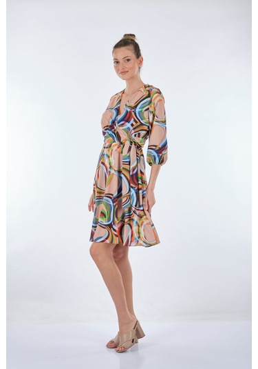 Explosion Midi V Yaka Sarımlı Elbise - Geometrik Desen - Günlük L