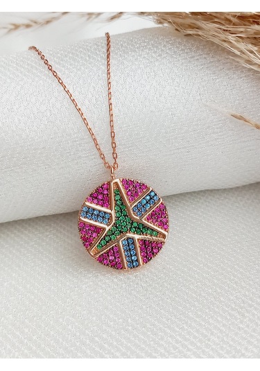 Gümüş Yeşil Mavi Pembe Zirkon Taş Barış Peace Madalyon Kolye