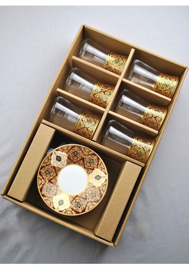 12 Parça 6 Kişilik Lüx Cam Çay Seti Gold Detaylı Altın Renk İşlemeli Lüks Çay Takımı Turuncu