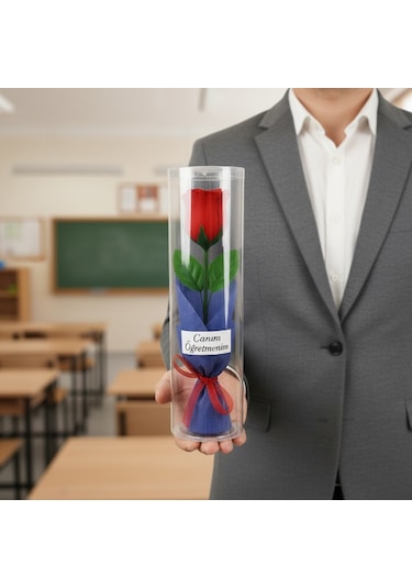 Şeffaf Silindir Kutulu Gül - Öğretmenler Günü Hediyesi