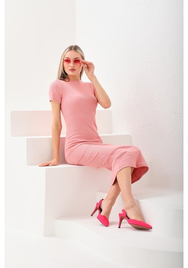Pembe Kısa Kollu Diz Altı Fitilli Esnek Kalem Elbise - 130 Cm