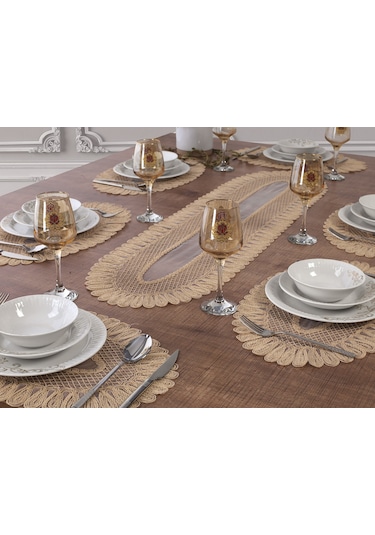 Amerikan Servis Supla ve Runner Seti 6 Kişilik Set Vivien Bej