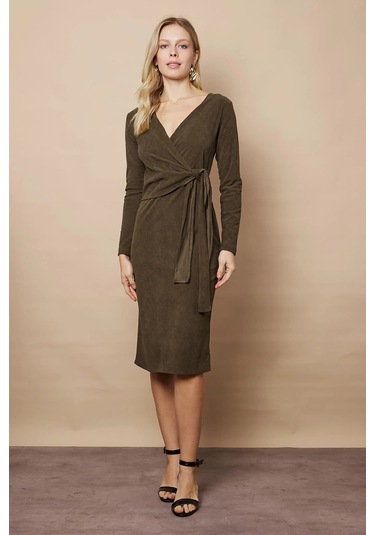 Kadın Kadife Kumaş Kruvaze Anvelop Bağcıklı Uzun Kol Diz Altı Elbise-haki Haki