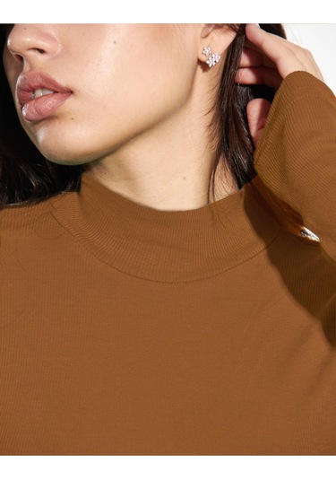 Kaşkorse Yarım Boğaz Body Sweatshirt, Fitilli Kumaş, Likralı, Bordo Kahverengi