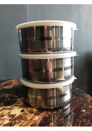 3'lü Paslanmaz Çelik Saklama Kabı 14 CM Gri