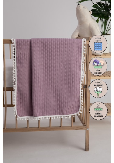 %100 Pamuk Cherry Bebek Battaniyesi Pamuklu Pike 100x120 - Lila